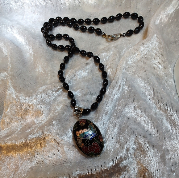 Cloisonne Puffy Black Puffy Oval With Flower & Butterfly On Beaded Black Chain - Picture 5 of 6